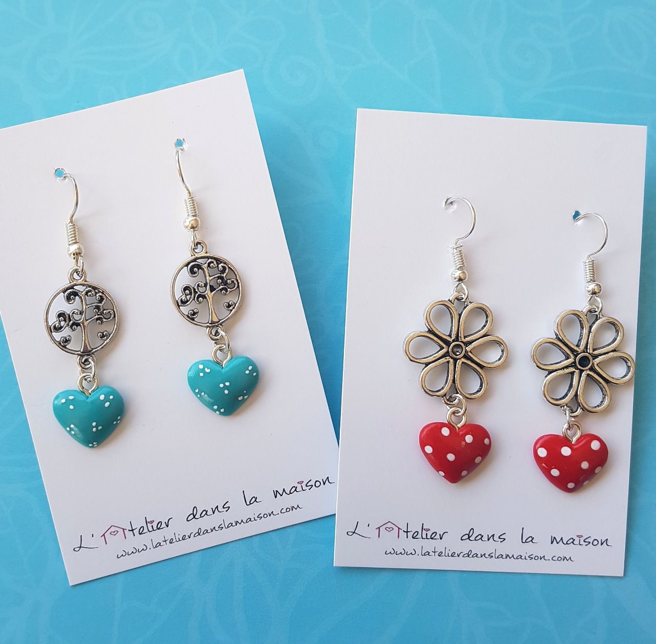 Boucles D'oreilles Pendantes Coeurs Bleu Turquoise - AtelierMurielle Verre