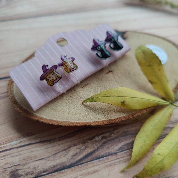 Boucles d'oreilles sorcière ou chat sorcier avec ou sans perçage 