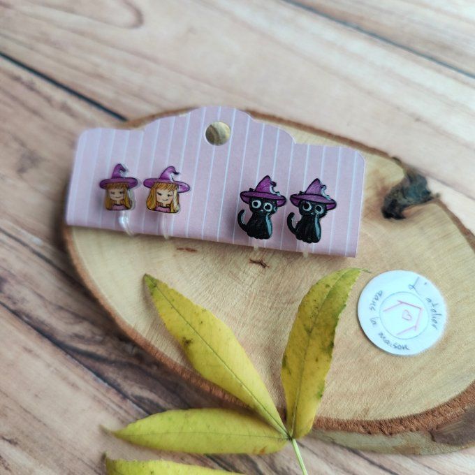 Boucles d'oreilles sorcière ou chat sorcier avec ou sans perçage 