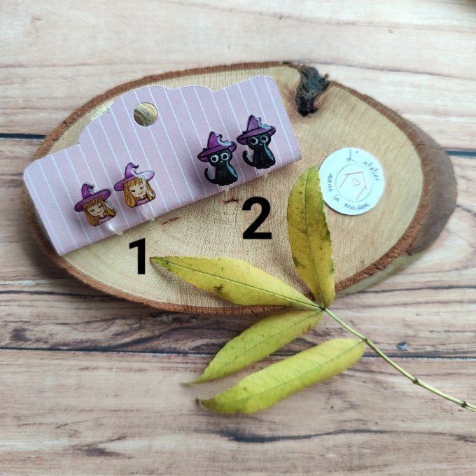 Boucles d'oreilles sorcière ou chat sorcier avec ou sans perçage 