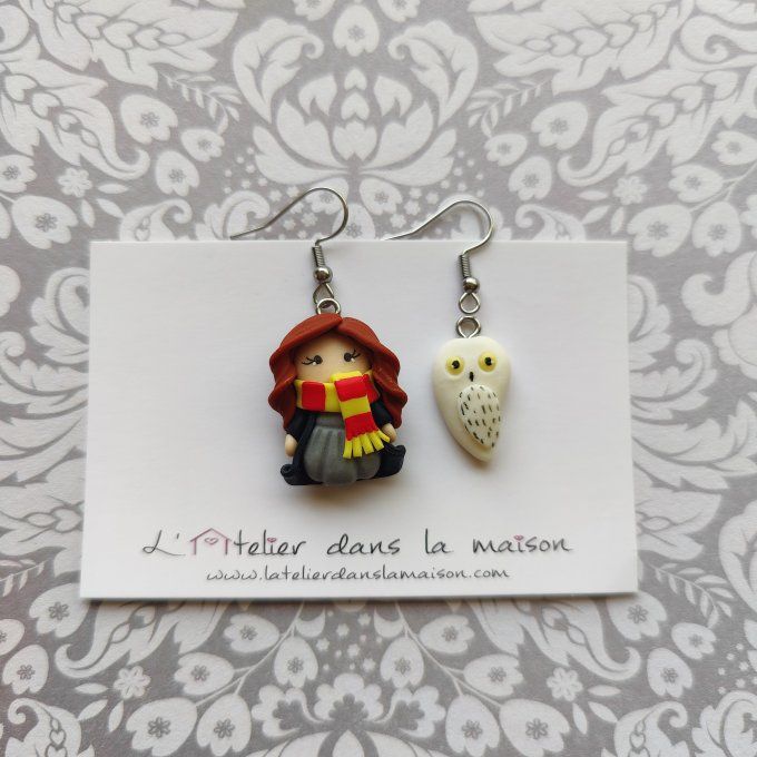 Boucles d'oreilles asymétriques inspiration Hermione et chouette