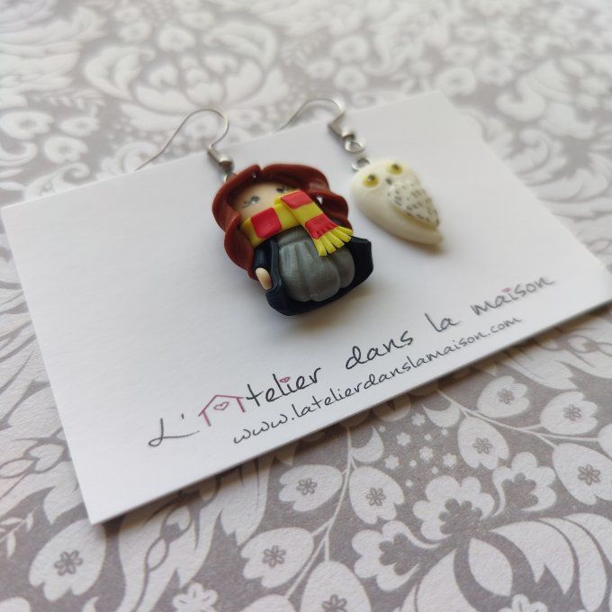 Boucles d'oreilles asymétriques inspiration Hermione et chouette