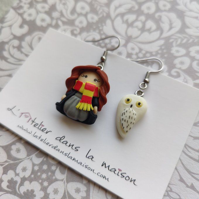 Boucles d'oreilles asymétriques inspiration Hermione et chouette