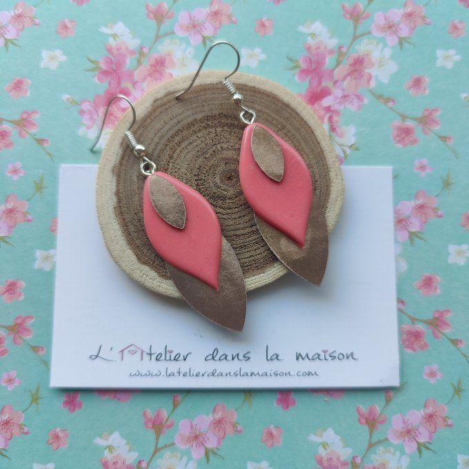 Boucles d'oreilles feuille corail et or