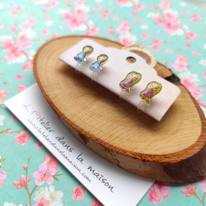 Boucles d'oreilles sans perçage princesses tons bleus ou violets
