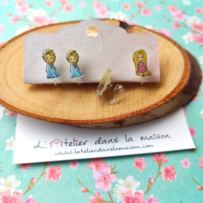 Boucles d'oreilles sans perçage princesses tons bleus ou violets