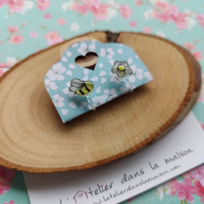 Boucles d'oreilles sans perçage abeille et fleurs légers défauts 