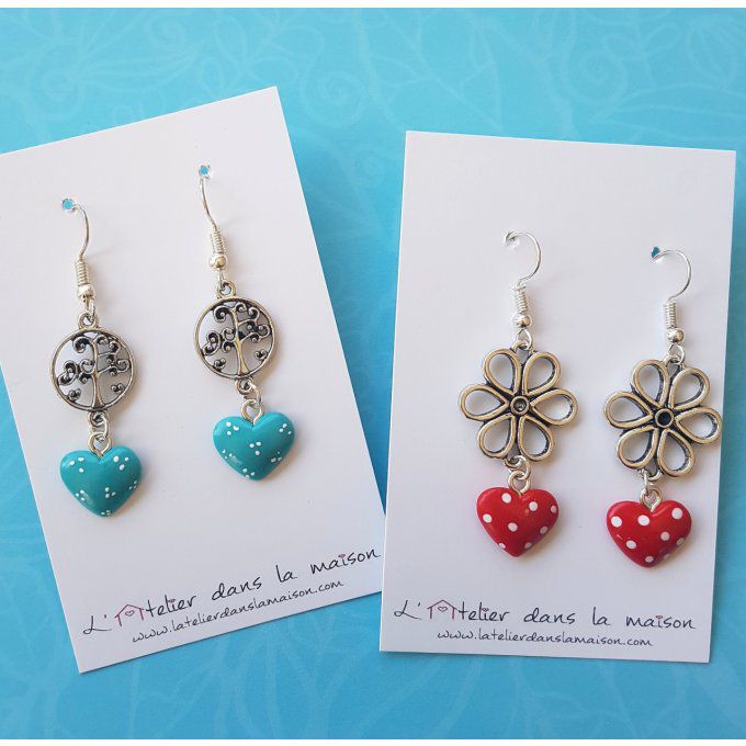 Boucles d'oreilles coeurs pois turquoises ou rouges