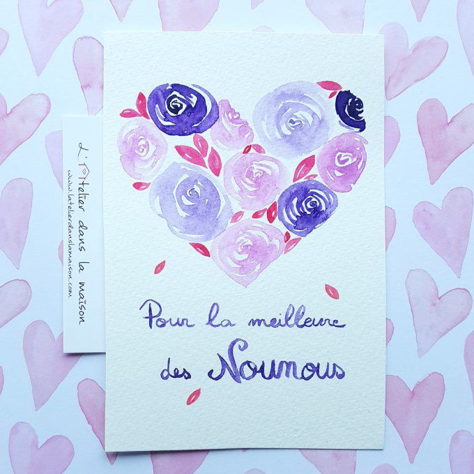 Aquarelle Coeur violet "Pour la meilleure des nounous"  