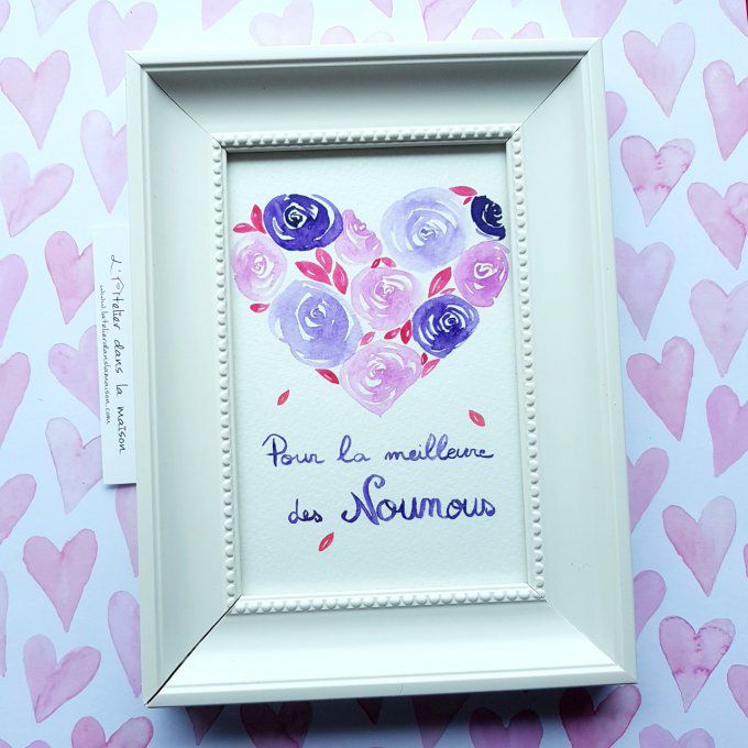 Aquarelle Coeur violet "Pour la meilleure des nounous"  