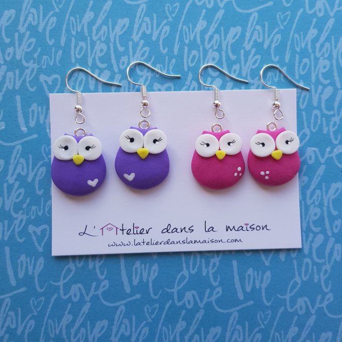 Boucles chouette rose ou mauve