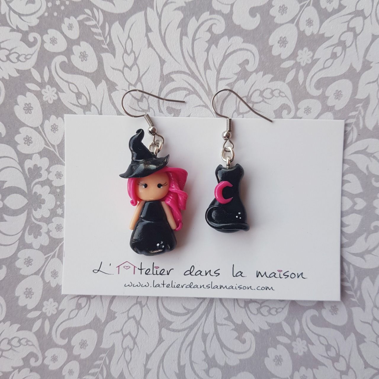 Boucles d'oreilles sorcière et chat noir