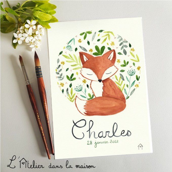 aquarelle prénom renard et feuillage