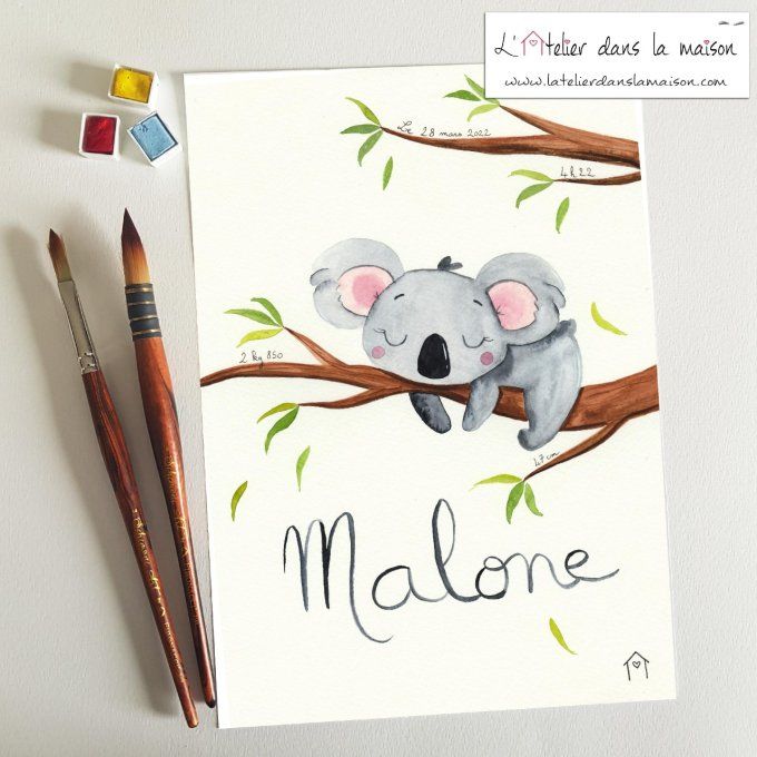 aquarelle prénom koala bébé