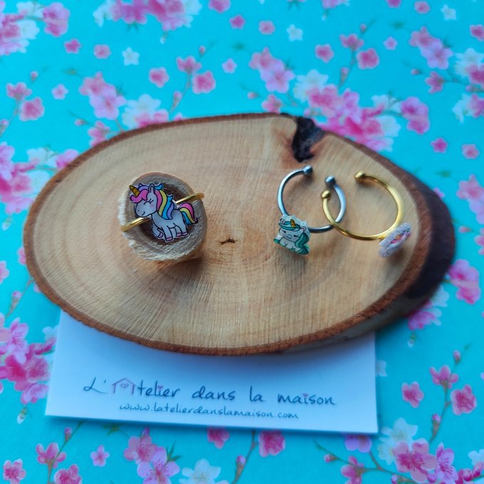 Bague enfant réglable licorne multicolore ou bleue