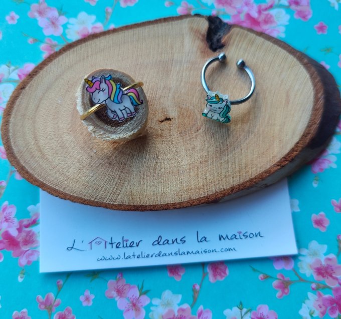 Bague enfant réglable licorne multicolore ou bleue