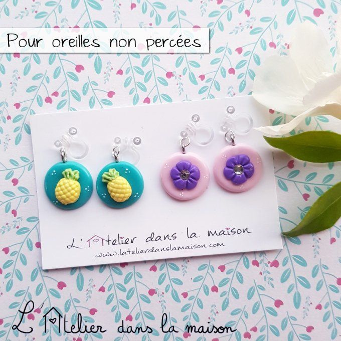 boucles clips sans trous enfant ananas ou fleur