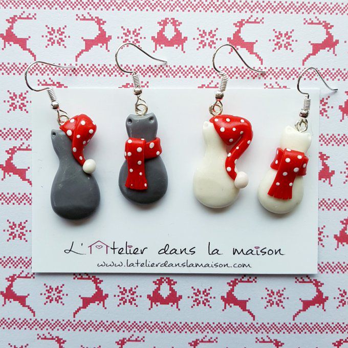 Boucles d'oreilles chat hiver gris ou blanc