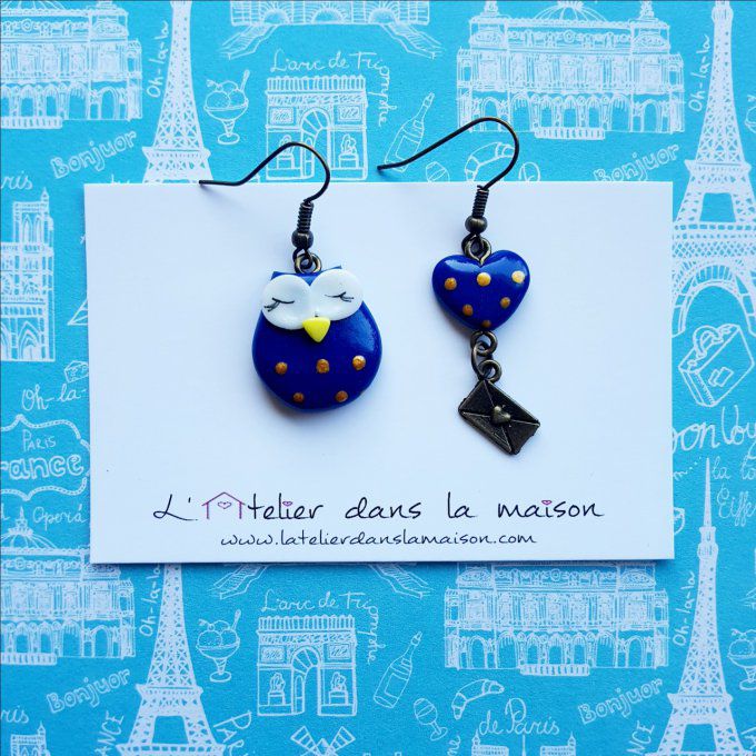 Boucles chouette bleu nuit ou turquoise