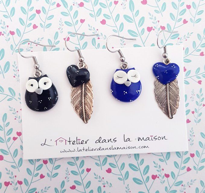 Boucles chouette et plume bleues ou noires