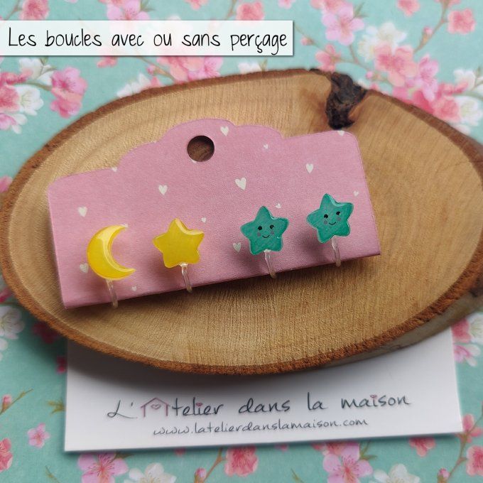 Boucles d'oreilles avec ou sans perçage étoiles ou lunes