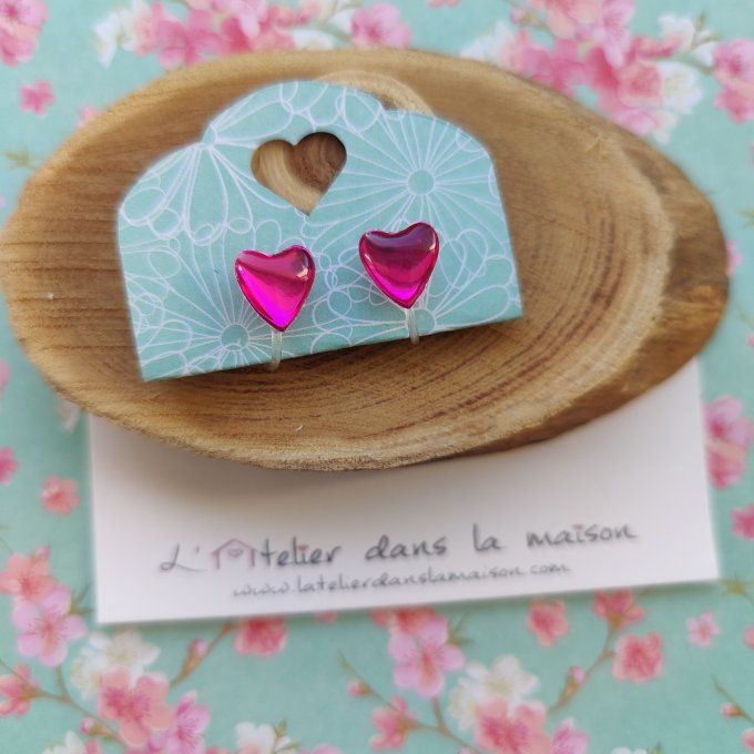 Boucles d'oreilles sans perçage coeur rose glossy léger défaut 