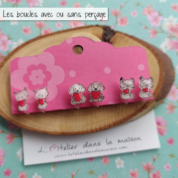 Boucles d'oreilles avec ou sans perçage chat, chien ou renard coeur