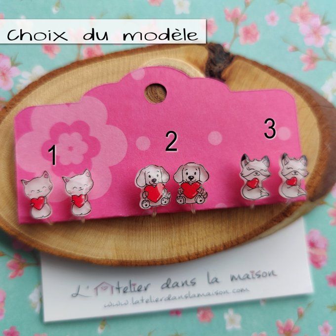 Boucles d'oreilles avec ou sans perçage chat, chien ou renard coeur