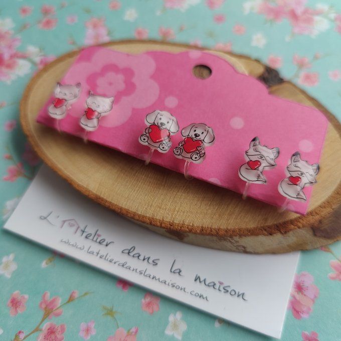 Boucles d'oreilles avec ou sans perçage chat, chien ou renard coeur