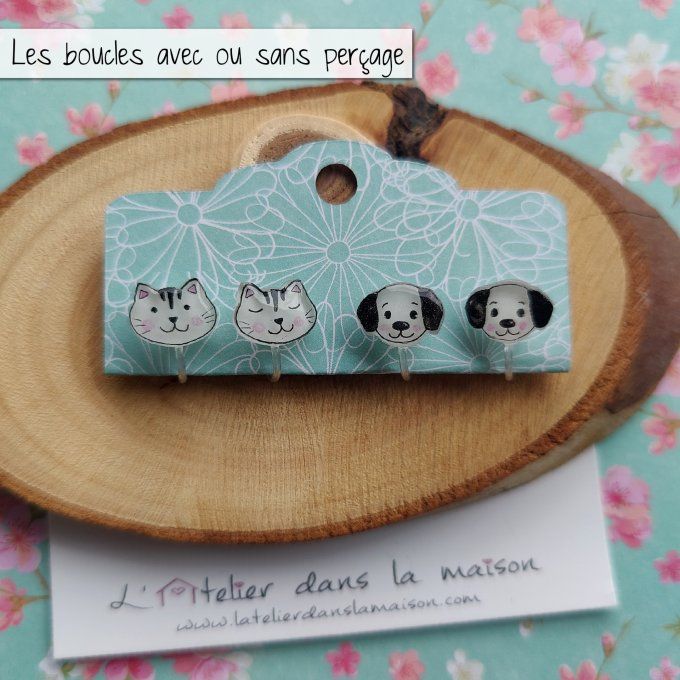 Boucles d'oreilles sans perçage tête de chat ou chien