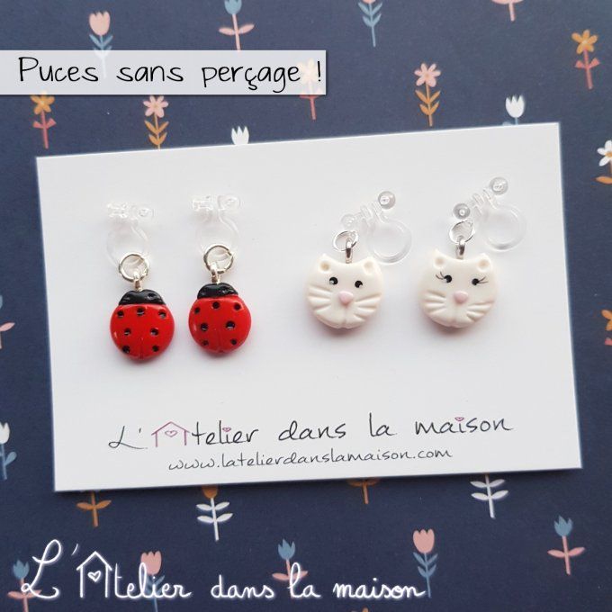 puces clip enfant pour oreilles non percées coccinelle chat