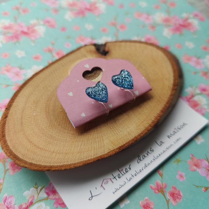 Boucles d'oreilles sans perçage coeur bleu acier