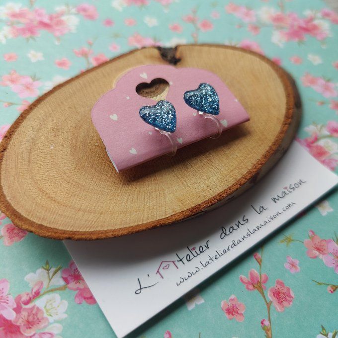 Boucles d'oreilles sans perçage coeur bleu acier