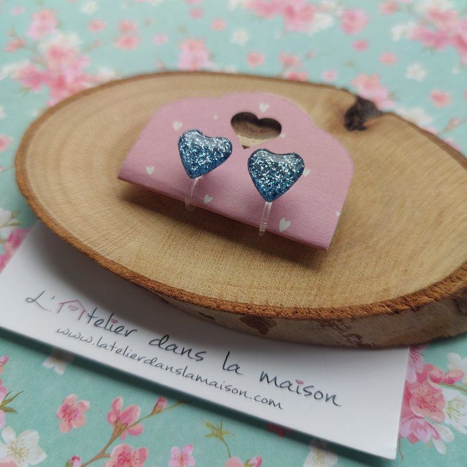 Boucles d'oreilles sans perçage coeur bleu acier