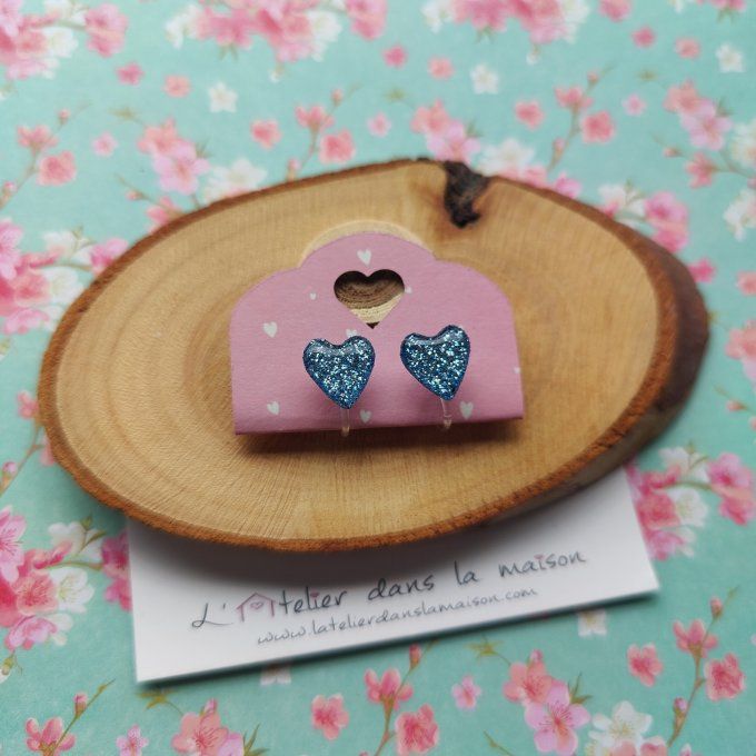 Boucles d'oreilles sans perçage coeur bleu acier