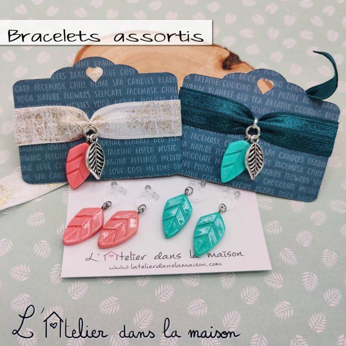 boucles clip sans trous plumes corail ou bleu ou bracelet