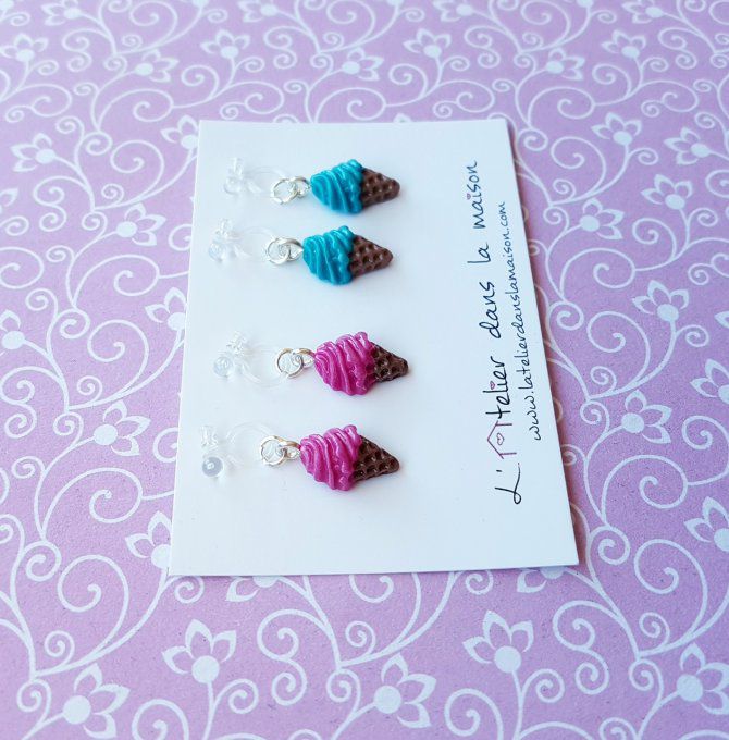 boucles clip sans trous enfant glace rose ou bleu