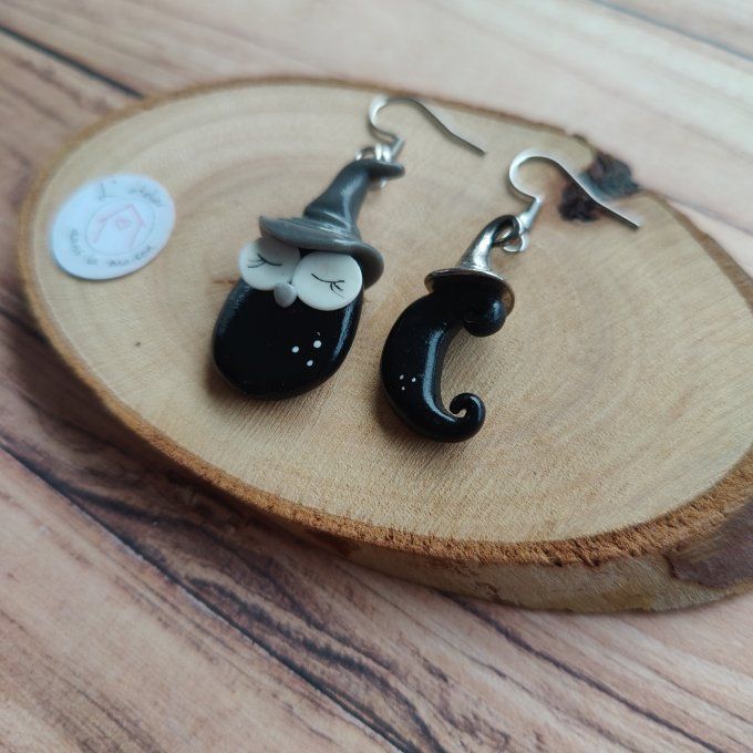 Boucles d'oreilles hibou au chapeau et lune 