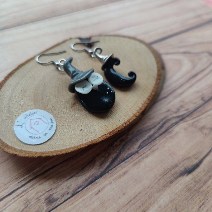 Boucles d'oreilles hibou au chapeau et lune 