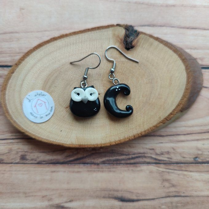 Boucles d'oreilles hibou et lune