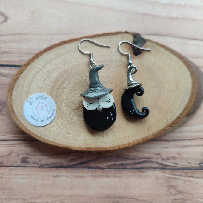 Boucles d'oreilles hibou au chapeau et lune 