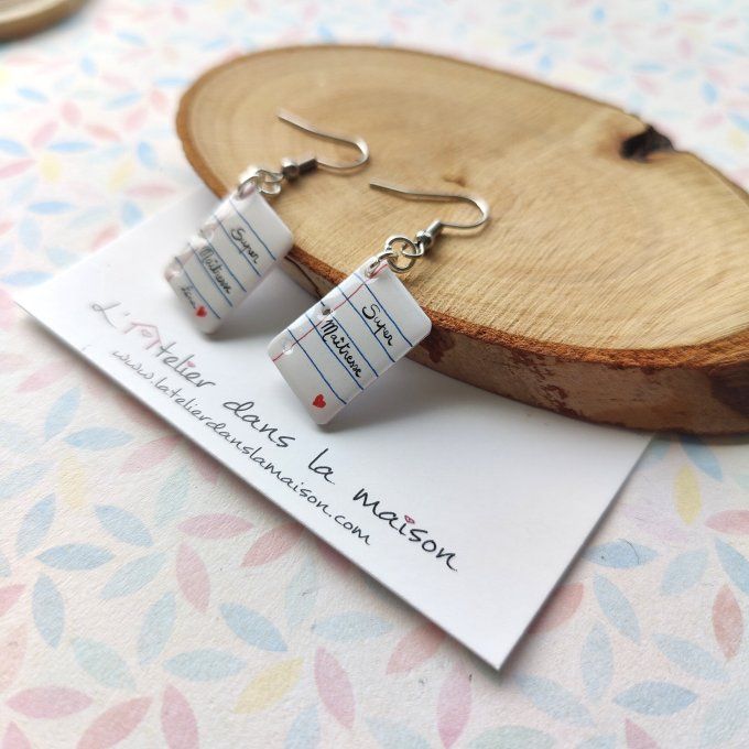 Boucles d'oreilles Maitresse personnalisable Cahier