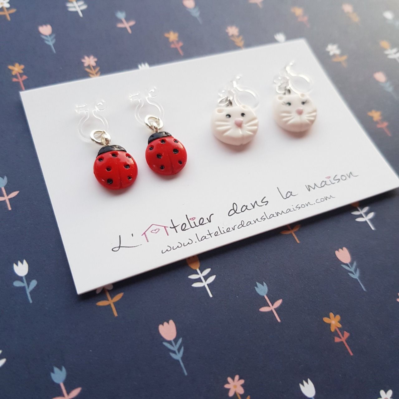 Boucles d'oreilles sans perçage coccinelle ou chat