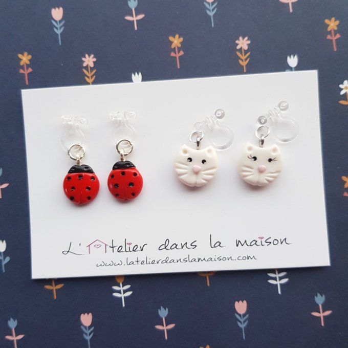 boucles sans perçage coccinelle et chat