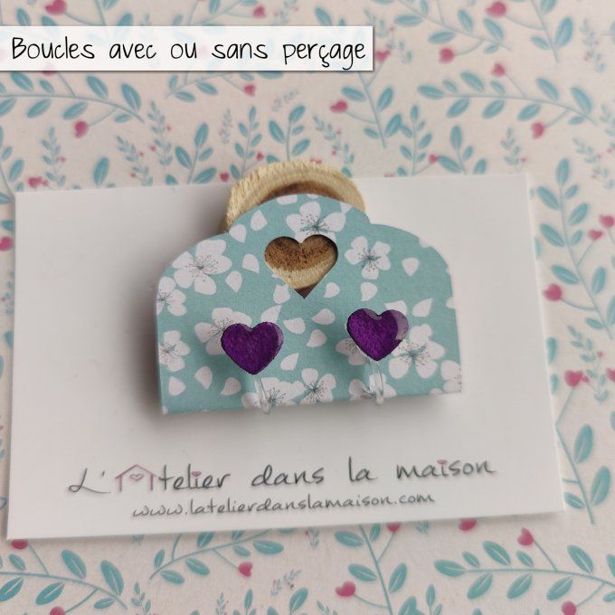 Boucles d'oreilles sans perçage coeur violet
