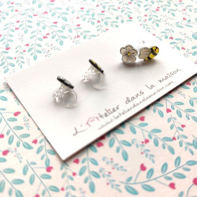 Boucles d'oreilles sans perçage abeille et fleur