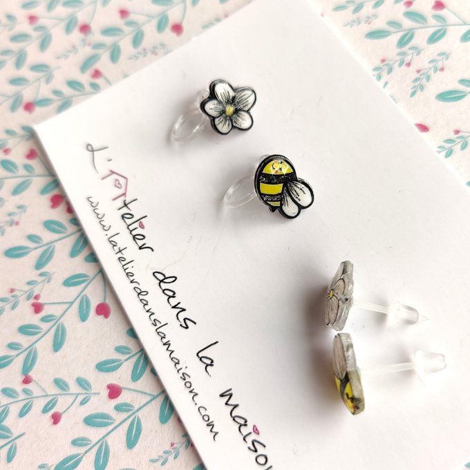 Boucles d'oreilles sans perçage abeille et fleur