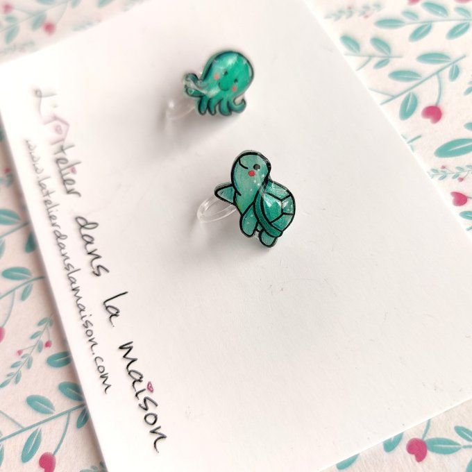 Boucles d'oreilles sans perçage pieuvre et tortue