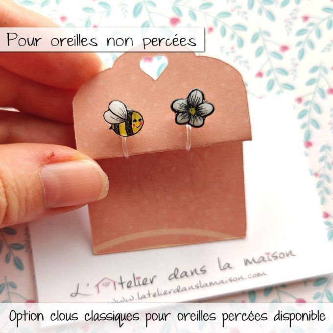 Boucles d'oreilles sans perçage abeille et fleur