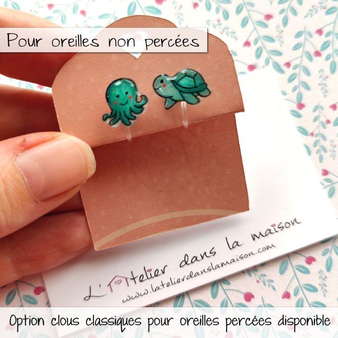 Boucles d'oreilles sans perçage pieuvre et tortue